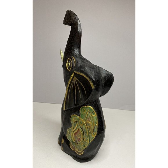 Hand Painted Carved Wooden Elephant Figurine Statue Rustic Hand Primitif Asian - Picture 5 of 13
